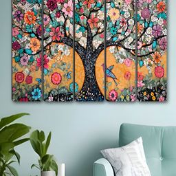 Aura Yellow & Green 5 Piece Synthetic Wood Floral and Botanical Wall Paintings-image-59