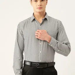 English Navy Men Slim Fit Opaque Striped Formal Shirt-image-110