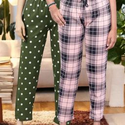 Kryptic Peach & Green Cotton Relaxed Fit Printed Lounge Pants - Pack of 2-image-80