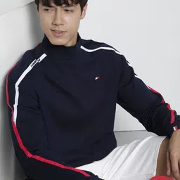 Tommy Hilfiger Men Navy Blue Solid High-Neck Sweatshirt With Side Stripes-picture-3