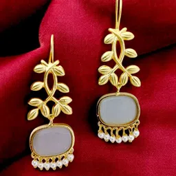 TISHUL JEWELSGold-Plated Stones Studded & Beaded Floral Shaped Enamelled Drop Earrings-51