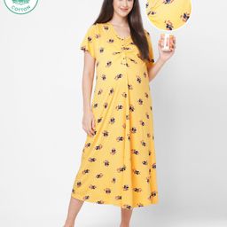 ECOMAMA Organic Cotton & Bamboo Antimicrobial Half Sleeves Nigthy Flowers Print - Yellow-image-99