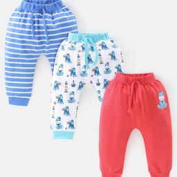 Babyhug Cotton Full Length Diaper Pants Stripes & Dino Print Pack Of 3- Red Blue & White-image-80