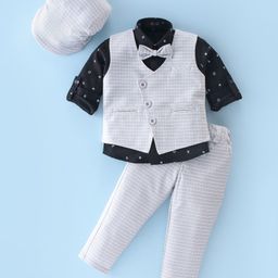 Robo Fry Full Sleeves Checks Party Suit With Cap & Bow - Beige-image-17