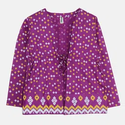 Kiddopanti Full Sleeves Bandhani Designed & Front Tie Up Shrug - Purple-picture-4