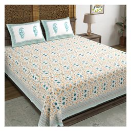 Blocks Of India Cotton Block Print King Size Bedsheet  Turquoise Jaal-19