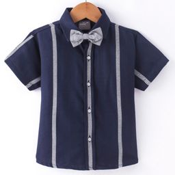 Little Kangaroos Cotton Knit Half Sleeves Striped Shirt With Bow - Navy Blue-image-44