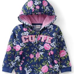 Babyhug Cotton Knit Full Sleeves Hooded Front Open Sweatshirt With Floral Print - Navy-picture-17