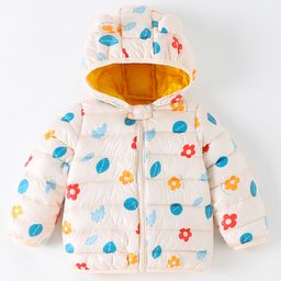 Kookie Kids Full Sleeves Front Open Padded Hooded Quilted Jacket With Floral Print & Ears Applique - Cream-image-74