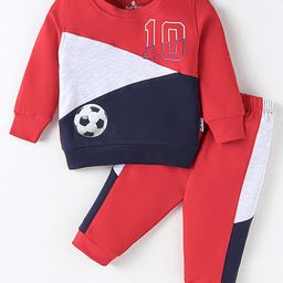 Child World Cotton Knit Full Sleeves Cut & Sew T-Shirt & Lounge Pants Set With Football Print - Red-image-46