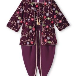Babyhug Woven Velvet Floral Embroidered Top With Dhoti & Three Fourth Sleeves Jacket Set - Wine-image-80