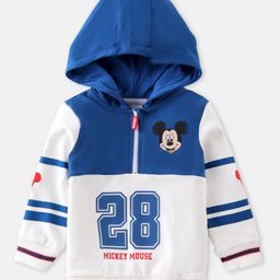 Babyhug Disney Front Open Full Sleeves Hooded Sweat Shirt With Front and Back Mickey Mouse Graphic and Badge Detailing - Blue-image-96