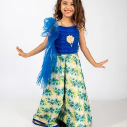 Elaisha Sleeveless Ruffled Detailed Top & Floral Printed Skirt Set - Blue & Off White-picture-35