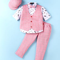 Robo Fry Knit Full Sleeves Space Theme Printed 3 Piece Party Suit With Bow Suspender & Hat - Pink-picture-21