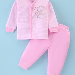 Zero Cotton Knit Full Sleeves Striped T-Shirt & Lounge Pants Set With Bunny & Floral Print - Pink-picture-40