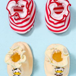 Ben Benny Interlock Cotton Knit Booties with Animal Print & Stripe Pack Of 2 - Red & Beige-picture-20