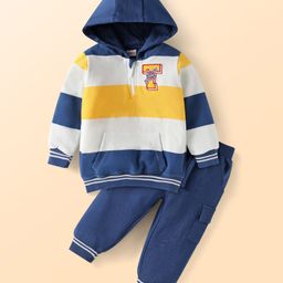 Babyhug Terry Knit Full Sleeves Front-Zipper Hooded T-Shirt with Sport Patch & Lounge Pant Set - Navy Blue & Yellow-image-83