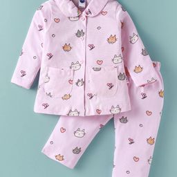 Teddy Sinker Knit Full Sleeves Animal Printed Night Suit - Pink-picture-11