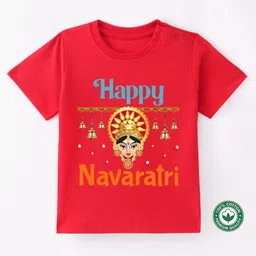 BLUSHES Navaratri Theme 100% Cotton Half Sleeves Happy Navaratri Text Printed Tee - Red-picture-38