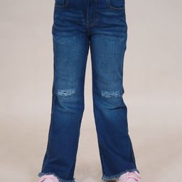 Kiddopanti Bottom Flared Knee Distress Stretchable Denim Jeans With Adjustable Elastic Waist - Dark Wash Blue-image-114