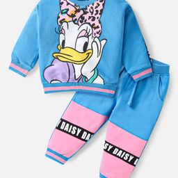 Babyhug Disney Terry Knit Full Sleeves T-Shirt & Lounge Pant Set With Daisy Duck Graphics - Blue & Pink-image-27