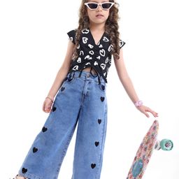 OLLINGTON ST. Cotton Lycra Knit Half Sleeves Top with Hearts Print & Denim Pants - Black & Indigo-16