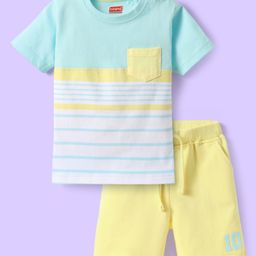 Babyhug Single Jersey Knit Half Sleeves T-Shirt & Shorts Set With Color Block Design - Light Blue & Lemon Yellow-1