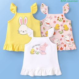 Babyoye 100% Cotton Knit Sleeveless T-Shirts With Animal & Floral Print Pack Of 3 -WhitePink & Yellow-image-15