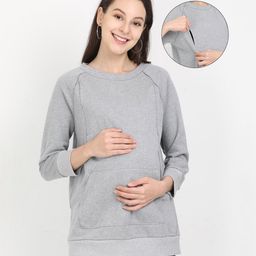 The Mom Store Cotton Full Sleeves Solid Maternity Sweatshirt With Zip Nursing Access - Grey-image-97