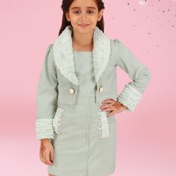 Cutecumber Fur Detailed Dress With Full Sleeves Coordinating ShrugSet - Green-image-88