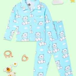 The Mom Store Cotton Knit Full Sleeves Bears Printed Coordinating Shirt & Pajama Set - Sky Blue-image-64
