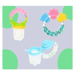 The Cheeky Kidzz Baby 2 Soft Silicone Fruit Vegetable Food Feeder Rattle Soother Nibblers With Ring Shape Rattle Teething Toy BPA Free (MULTI)-6