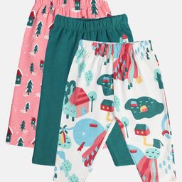 MINI KLUB Cotton Pack Of 3 Houses & Trees Printed Pajamas - White Green & Peach-image-84