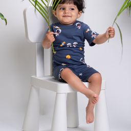 Orange Sugar 100% Cotton Knit Half Sleeves Space Theme Printed Tee & Coordinating Shorts Set - Blue-image-77