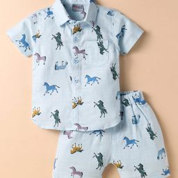 Dapper Dudes Half Sleeves Horse Printed Shirt With Coordinating Shorts Set - Blue-image-47