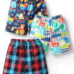 Babyhug Cotton Woven Above Knee Length Boxers With Checks & Vehicle Print Pack Of 3 - Blue-image-85