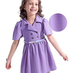 Hola Bonita Knit Puffed Half Sleeves Solid Colour Frocks With Belt - Lilac-image-88