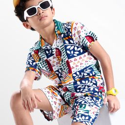 OLLINGTON ST. Cotton Knit Half Sleeves Printed Shirt & Knit Shorts with Abstract Print - White & Blue-image-27