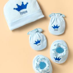 Ben Benny 100% Cotton Interlock Knit Cap Mitten & Booties Set with Crown & Prince Print Light Blue - Diameter 9 cm-1