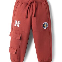 Babyhug Cotton Terry Knit Full Length Lounge Pants with Badge & NYC Print - Maroon-image-3