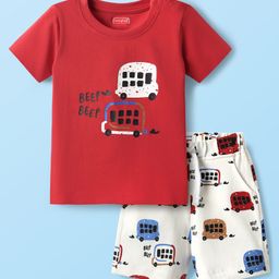 Babyhug Single Jersey Knit Half Sleeves T-Shirt & Shorts Set with Bus Print - Red & White-23