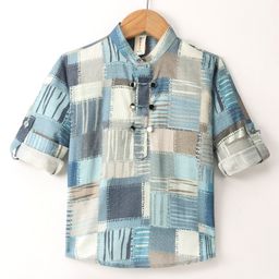 Dapper Dudes Full Sleeves Abstract Printed Kurta Style Shirt - Blue-image-58