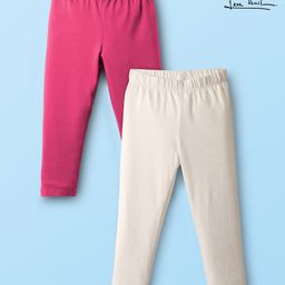 Arias Cotton Elastane Knit Full Length Solid Leggings Pack of 2 - White & Fuchsia-image-6