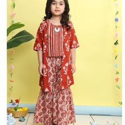 Kinder Kids Cotton Woven Striped & Floral Printed Top & Sharara With Three Fourth Sleeves Jacket Set - Red-image-82