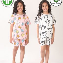 Anthrilo 100% Cotton Knit Pack Of 2 Half Sleeves Bow & Star Printed Coordinating Night Suit Set - White & Pink-image-58