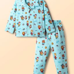 Babyhug Cotton Knit Full Sleeves Front Open Co-Ords Night Suit With Animal Print - Light Blue-picture-23