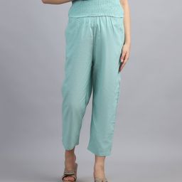 Moms Maternity Cotton Blend Woven Solid Maternity High Waist Trousers - Mint Green-image-2