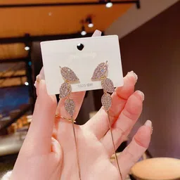 Celestique 925 Silver Cubic Zirconia Stones Studded Korean Leaf Shaped Drop Earrings-picture-19