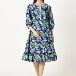 Saffron Threads Floral Print Tie-Up Neck Puff Sleeve A-Line Midi Dress-image-12