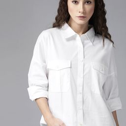 Roadster Women White Pure Cotton Solid High-Low Longline Shirt-image-91